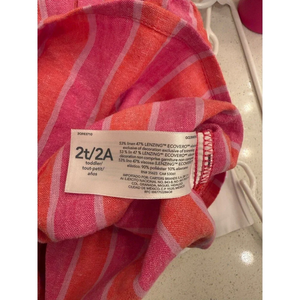 Carter’s Toddler Girl Dress 2T Pink Orange Stripe Linen Blend Summer